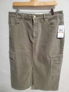 Michael Kors Olive Green Denim Midi Skirt Gold Button Cargo - Size 12 NWT $110 - Picture 1 of 9