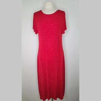 Vestido Midi Vintage MOLLY MALLOY Slinky Estampa de Coração Vermelho Tamanho G Namorados Brilhante - Imagem 1 de 4