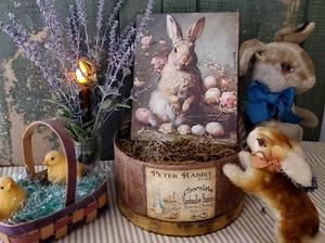 GORGEOUS PORTRAIT PRIMITIVE SHABBY VINTAGE FOLK STYLE EASTER RABBIT BUNNY SIGN - Picture 1 of 11