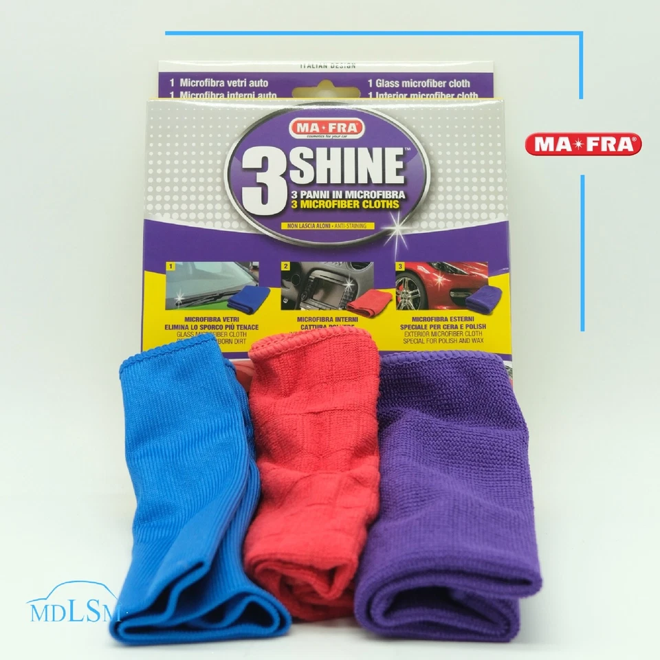 MA-FRA 3SHINE TRE PANNI IN MICROFIBRA PER INTERNI ESTERNI VETRI AUTO E MOTO 0309