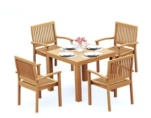 5-Piece Outdoor Teak Dining Set: 36" Square Table, 4 Stacking Arm Chairs Leve - Picture 1 of 6