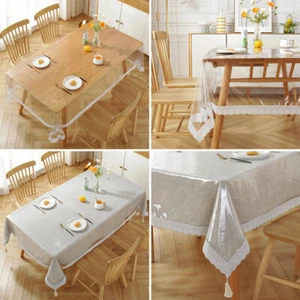 PVC Transparent Clear Rectangle Tablecloth Oilproof Protector Cover Lace Trim - Picture 1 of 11