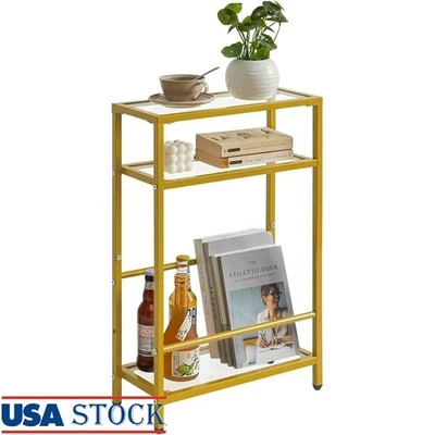 Small Glass End Table W/ Storage Shelf Slim Nightstand Living Room Office New - Image 1 of 4