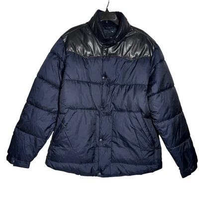 Lucky Brand Mens Puffer Jacket Faux Leather Navy Blue Quilted Size L NEW - Image 1 of 4