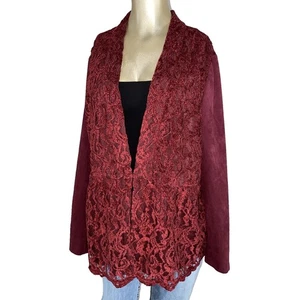 Chicos Size 2 Faux Suede and Lace Peplum Jacket Red Maple - Picture 1 of 9