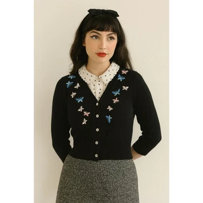 Cárdigan Bloomingdale's De Colección Negro Bordado Talla S Petitte Twee Y2K Preppy Foto 1 de 4