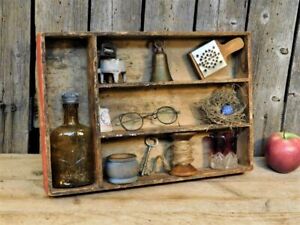 Antique Primitive Old Red Paint Wooden Divided Utensil Organizer Display Box
