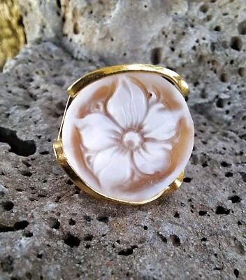 ANELLO CON CAMMEO INCISO A MANO ARGENTO 925 PLACCATO ORO GIALLO 18 KT ITALIA - Immagine 1 di 4