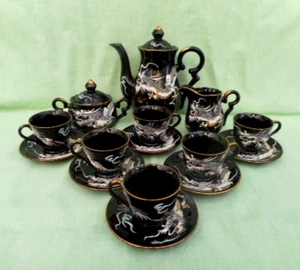 Japanese moriage 15 piece coffee set - dragons on glossy black - Picture 1 of 21