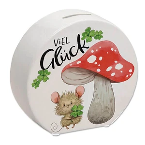 Maus mit Fliegenpilz Spardose mit Spruch Viel Glück - Bild 1 von 6