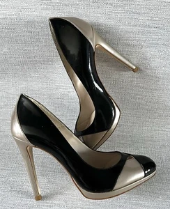 Karen Millen Court Shoes 5 Women’s Black & Pale Gold Patent Leather 10cm Heels - Picture 1 of 9