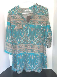 Brand New "Ninedaily" Teal Blue/Cream W/Floral Top 1/3 Zipper 3/4 Sleeve Soft - Picture 1 of 11