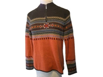 Suéter Eddie Bauer Para Mujer Fair Isle Cuarto Cremallera Naranja Marrón Multi L Invierno Foto 1 de 4