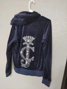 VTG Juicy Couture Full Zip Long Sleeve Hoodie Blue Sz XL Women Y2K Velour Bling  - Picture 1 of 7