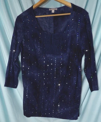 Блузка женская Dressbarn синяя с блестками вырезом в виде замочной скважины рукав 3/4 размер XL - Изображение 1 из 4