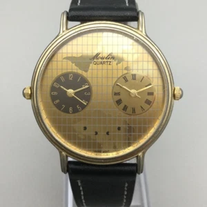 Vtg Moulin Men 37mm Gold Tone Dual Time World Map Leather Band New Battery - Picture 1 of 16