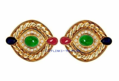 Natural Emerald sapphire & Ruby stone 925 Sterling Silver Gold Plated Cufflinks  Foto 1 de 3