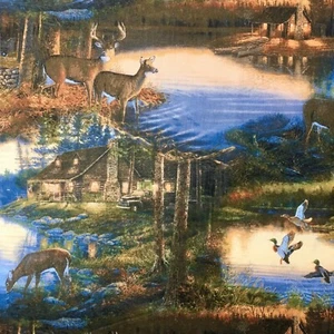 Half Yard Deer Ducks Lakeside Cabin Forest Scenic Sewing Quilting Fabric - Picture 1 of 3