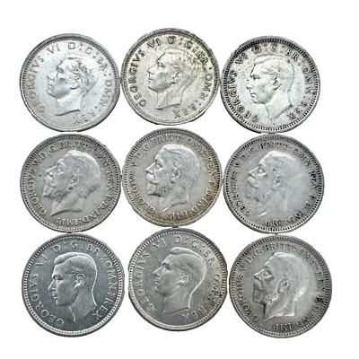 LOT OF (9) UNC. 3 PENCE Silver : 1931,32,33,34,37,38,41,42,1943 - GREAT BRITAIN - Image 1 of 4