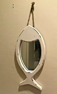 Rustic White Wood Mirror Fish Shape Wall Hanging 15" x 7.5" Nautical Decor - Picture 1 of 4