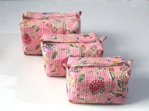 Indian Cotton Pink Floral Toiletry Bag Unisex Makeup Bags Waterproof 3 Pcs. Set - Picture 1 of 4