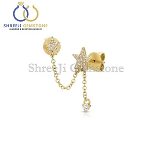 Pave Diamond Star Stud with Hanging Chain 14k Yellow Gold Handmade Jewelry Gift - Picture 1 of 3