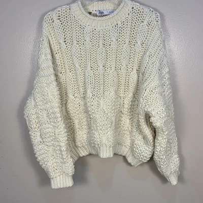 ZARA Chunky Cable Knit Pullover Slouchy Sweater Cream Size L - Image 1 of 4