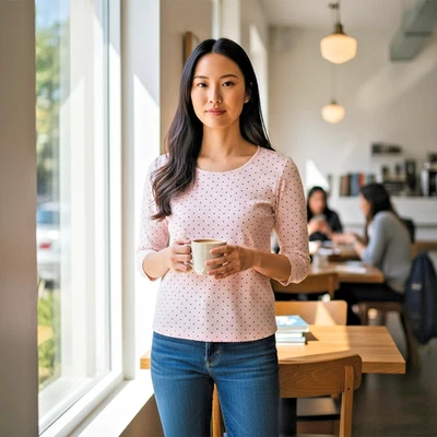 Camisa Karen Scott Para Mujer Pequeña Rosa con Lunares Negros Manga 1/4 Cuello Redondo Foto 1 de 4