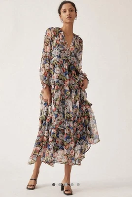 Anthropologie Marais Printed Chiffon Maxi Dress Sz S Floral Peasant Tiered Sheer - Image 1 of 4