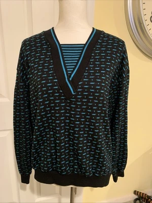 Gitano Vintage Anos 80 Camadas Decote V Preto Azul Padrão Gráfico Suéter Cosplay M - Imagem 1 de 4