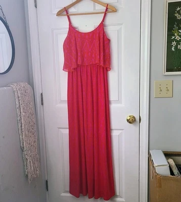 Maxi Vestido Solero GB Gianni Bini Correa Espagueti Talla M Rosa Naranja Neón Brillante Boho Foto 1 de 4