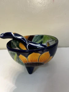 Talavera Hand Painted Mexican Pottery Dip Bowl & Spoon 5” Sunflower Cobalt Blu - Picture 1 of 12