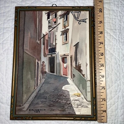 Pintura acuarela paisaje callejero europeo 1959 vintage firmada pintada a mano Foto 1 de 4