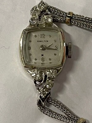 Винтажные женские наручные часы Hamilton 14K белое золото и бриллианты рабочие 11,1 грамма - Изображение 1 из 4