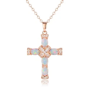Barzel 18K Gold Plated Created Opal Cross with Chain, 18 Inches with 2 Inches... - Picture 1 of 5