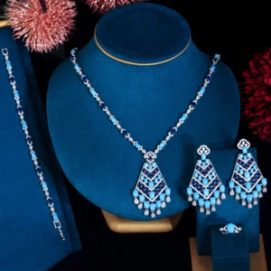 Zirconi Turchese Lungo Pendente Lampadario Collana Orecchini Bracciale Anello Set Gioielli - Foto 1 di 11