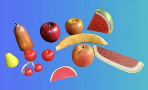 Lot 12 Wooden Fruits~ Pear Apple Bananas Watermelon Peach Cherry wood painted A6 - Picture 1 of 1