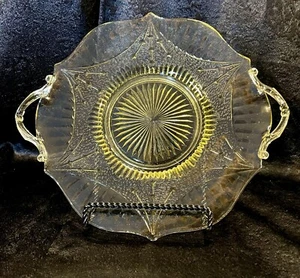 Vintage LANCASTER DEPRESSION GLASS "DART" YELLOW 12.5" HANDLED SERVING TRAY - Picture 1 of 17