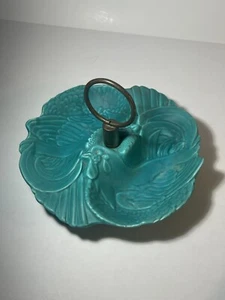 Vintage Teal "Ball-Jae" bird dish 8" diameter, ceramic with brass ring - Picture 1 of 5