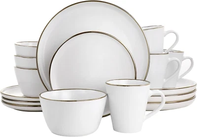 Arthur 16 Piece Stoneware Dinnerware Set in Matte White with Gold Rim (Arthur Pa - Image 1 of 4