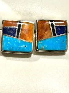 ZUNI ARTISAN OB STERLING SILVER & GEMSTONE MOSAIC POST EARRINGS - Picture 1 of 3