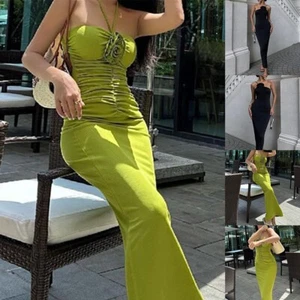 Elegant Summer Clubwear Dress Green Floral Print Ruched Dress for Women - Picture 1 of 27