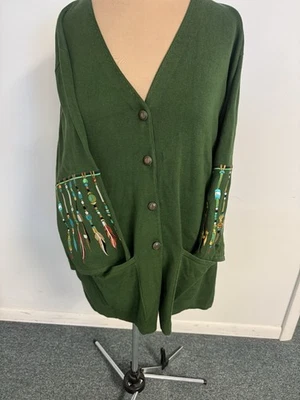 Cárdigan Bob Mackie 3X Verde Pluma Bordada Suéter Chaqueta Tejida Foto 1 de 4