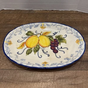 Italian Ceramic Large Oval Platter Glazed Handpainted Fruits Hanging Serving - Picture 1 of 11