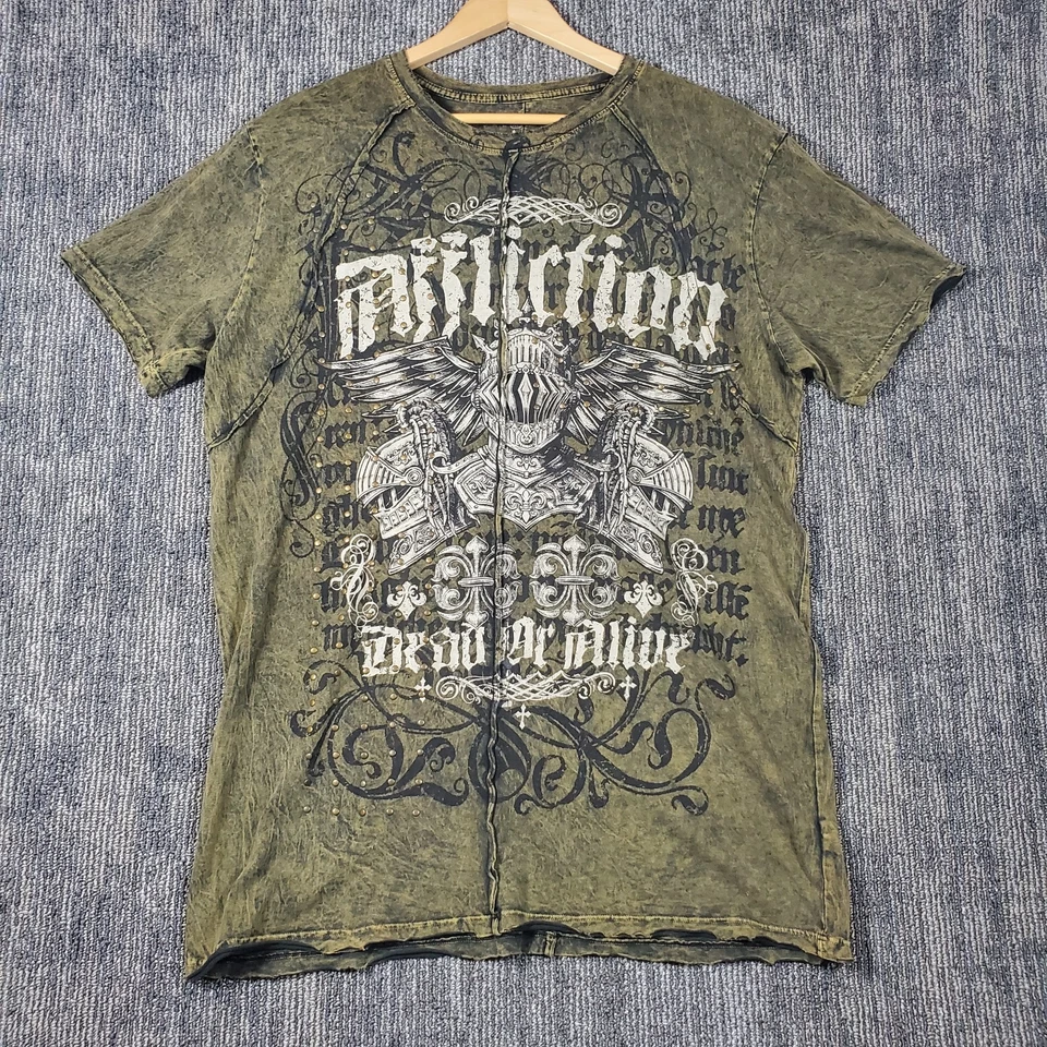 Affliction Dead or Alive 衬衫男式 XL 棕色铜圆领串珠 Rockabilly  — 第 1/4 张图片
