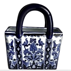 Decorative Ceramic Blue And White Purse - Picture 1 of 5