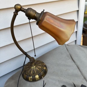 Brass Ornate Adjustable Desk Lamp  Ornate Art Nouveau W/Nuart Iridescent Glass - Picture 1 of 24