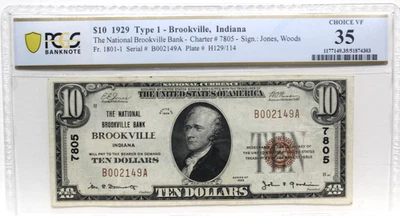 1929 $10 BROOKVILLE NATIONAL BANK NOTE INDIANA PCGS 35 VERY FINE BROWN SEAL NICE - Image 1 of 4