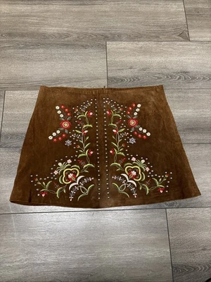 "Minifalda Zara bordada marrón grande gamuza forrada bohemia cintura 34""" Foto 1 de 4