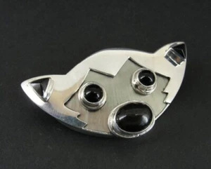 Sajen Cat Silver Face Black Onyx Abalone Stone Sterling 925 BROOCH Pin Pendant - Picture 1 of 5